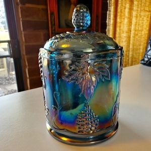 Vintage Indiana Blue Carnival Glass Candy Dish with Lid.